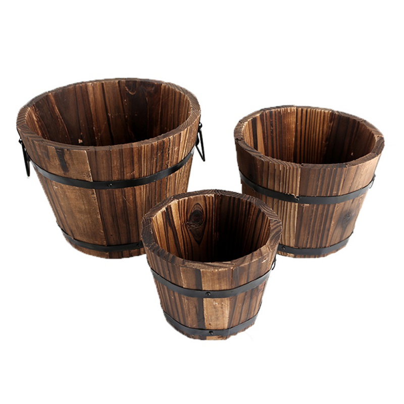 Round Oval  Barrel Planter Plant  Pot  Burntwood Wooden 
